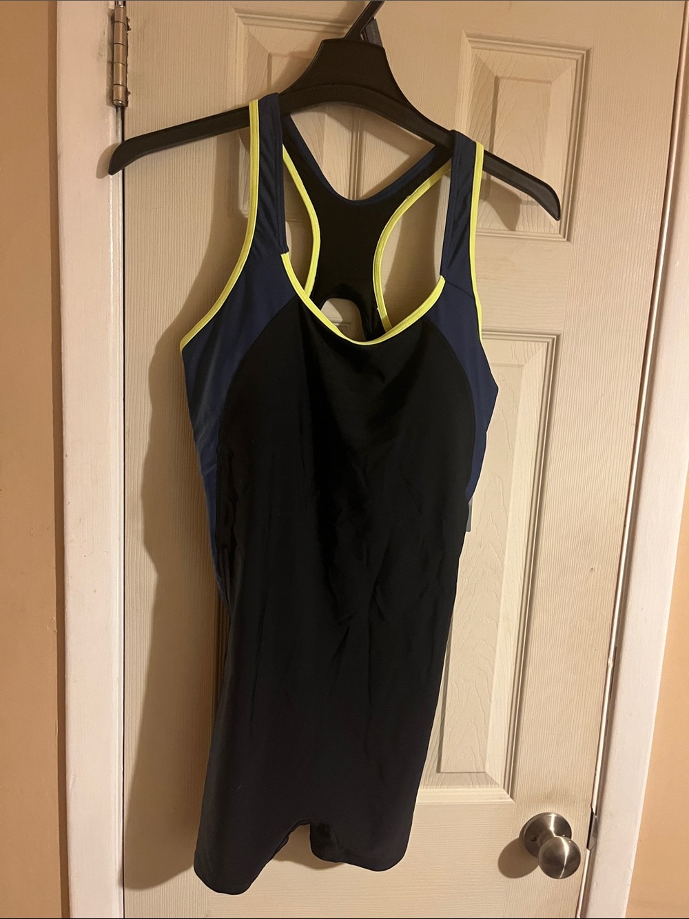 Women’s Black and Navy Athletic One-Piece Swimsuit with Lime Trim
